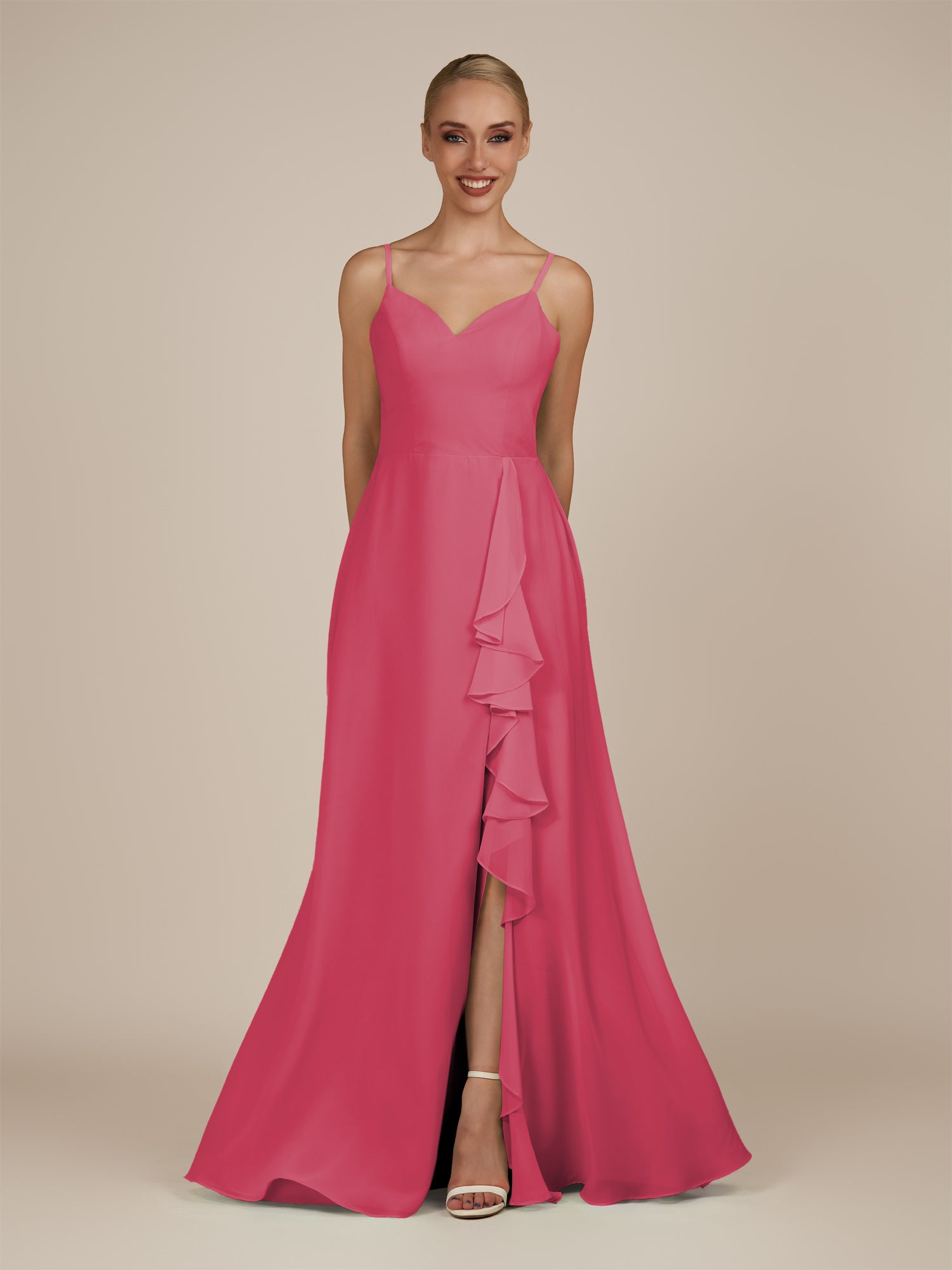 KissDress-Rhonda Fuchsia Sheath Chiffon V Neck Ruffled Long Bridesmaid Dress with Slit