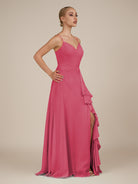 KissDress-Rhonda Fuchsia Sheath Chiffon V Neck Ruffled Long Bridesmaid Dress with Slit