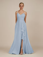 KissDress-Rhonda Ice Sheath Chiffon V Neck Ruffled Long Bridesmaid Dress with Slit