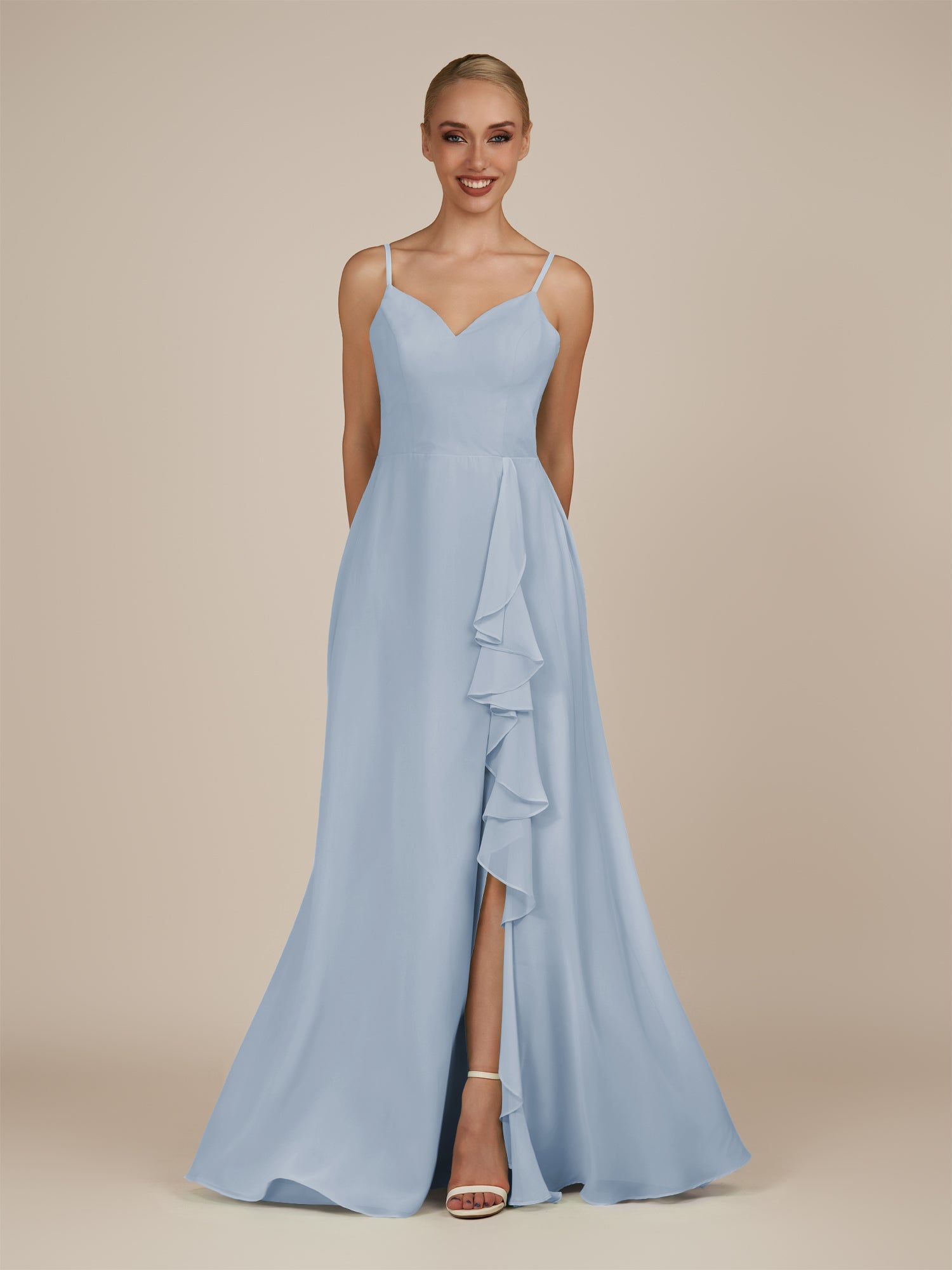 KissDress-Rhonda Ice Sheath Chiffon V Neck Ruffled Long Bridesmaid Dress with Slit