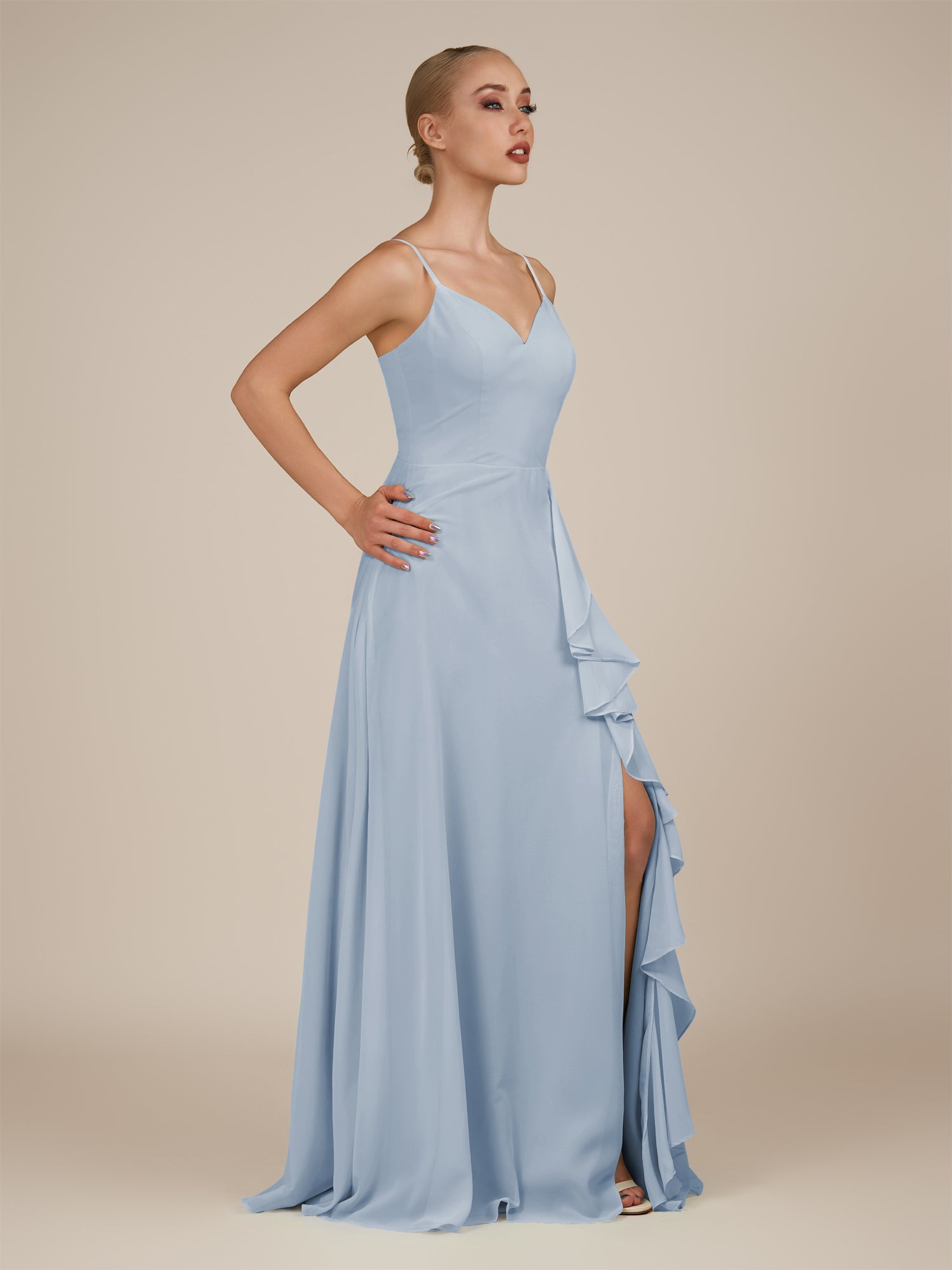 KissDress-Rhonda Ice Sheath Chiffon V Neck Ruffled Long Bridesmaid Dress with Slit