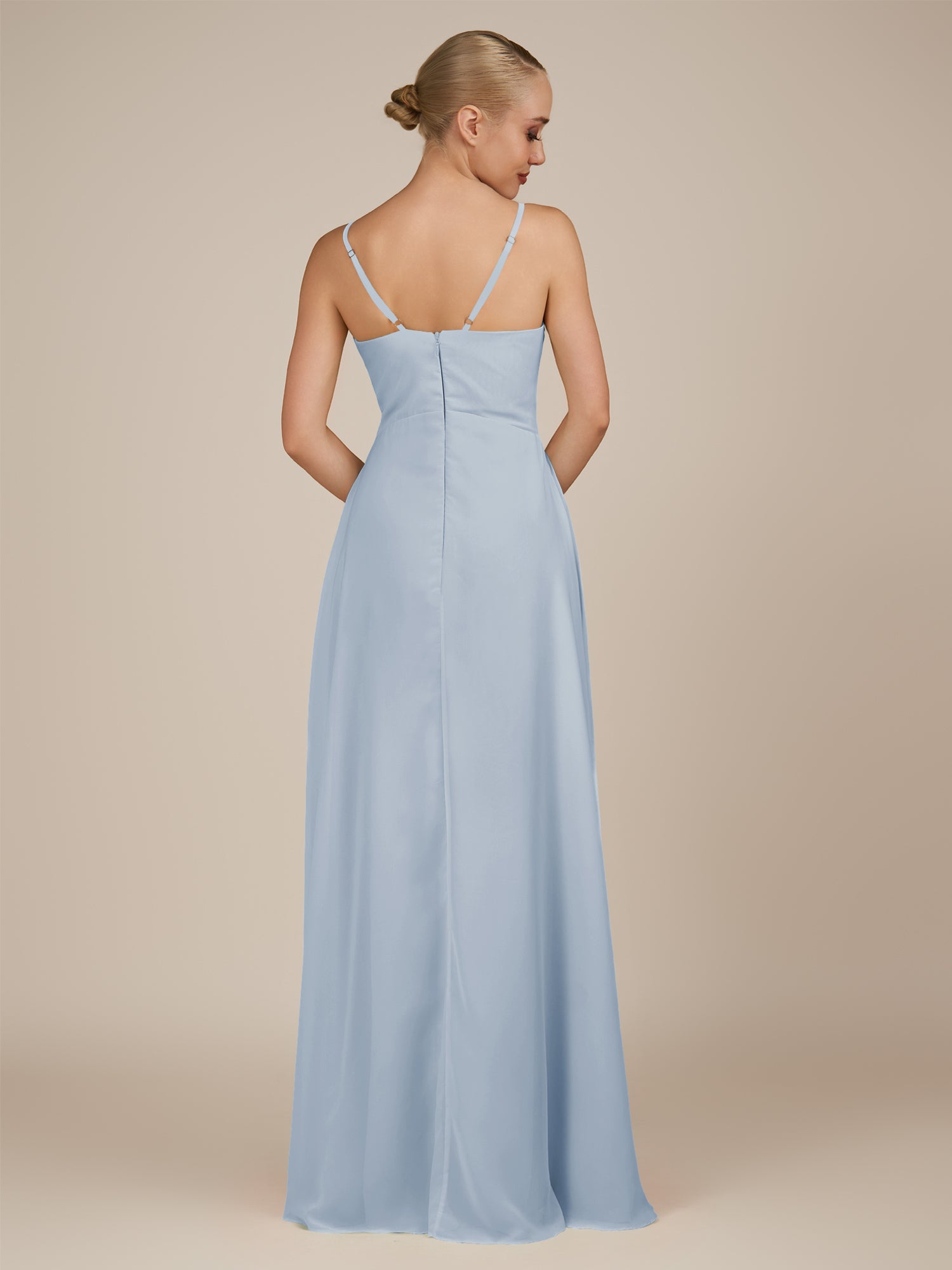 KissDress-Rhonda Ice Sheath Chiffon V Neck Ruffled Long Bridesmaid Dress with Slit
