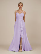 KissDress-Rhonda Lavender Sheath Chiffon V Neck Ruffled Long Bridesmaid Dress with Slit