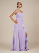 KissDress-Rhonda Lavender Sheath Chiffon V Neck Ruffled Long Bridesmaid Dress with Slit