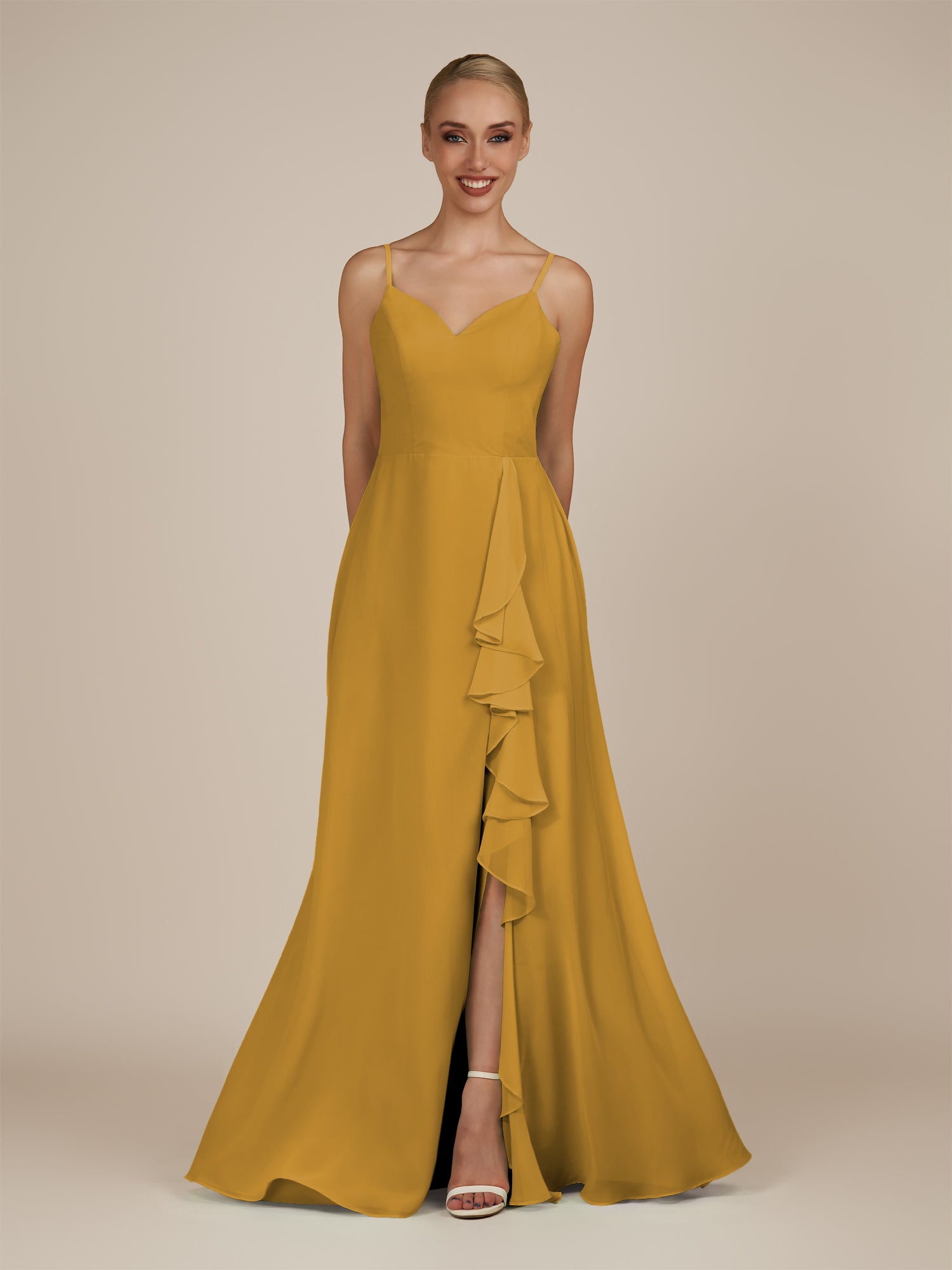 KissDress-Rhonda Marigold Sheath Chiffon V Neck Ruffled Long Bridesmaid Dress with Slit