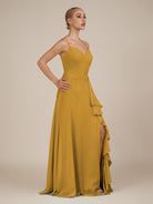 KissDress-Rhonda Marigold Sheath Chiffon V Neck Ruffled Long Bridesmaid Dress with Slit
