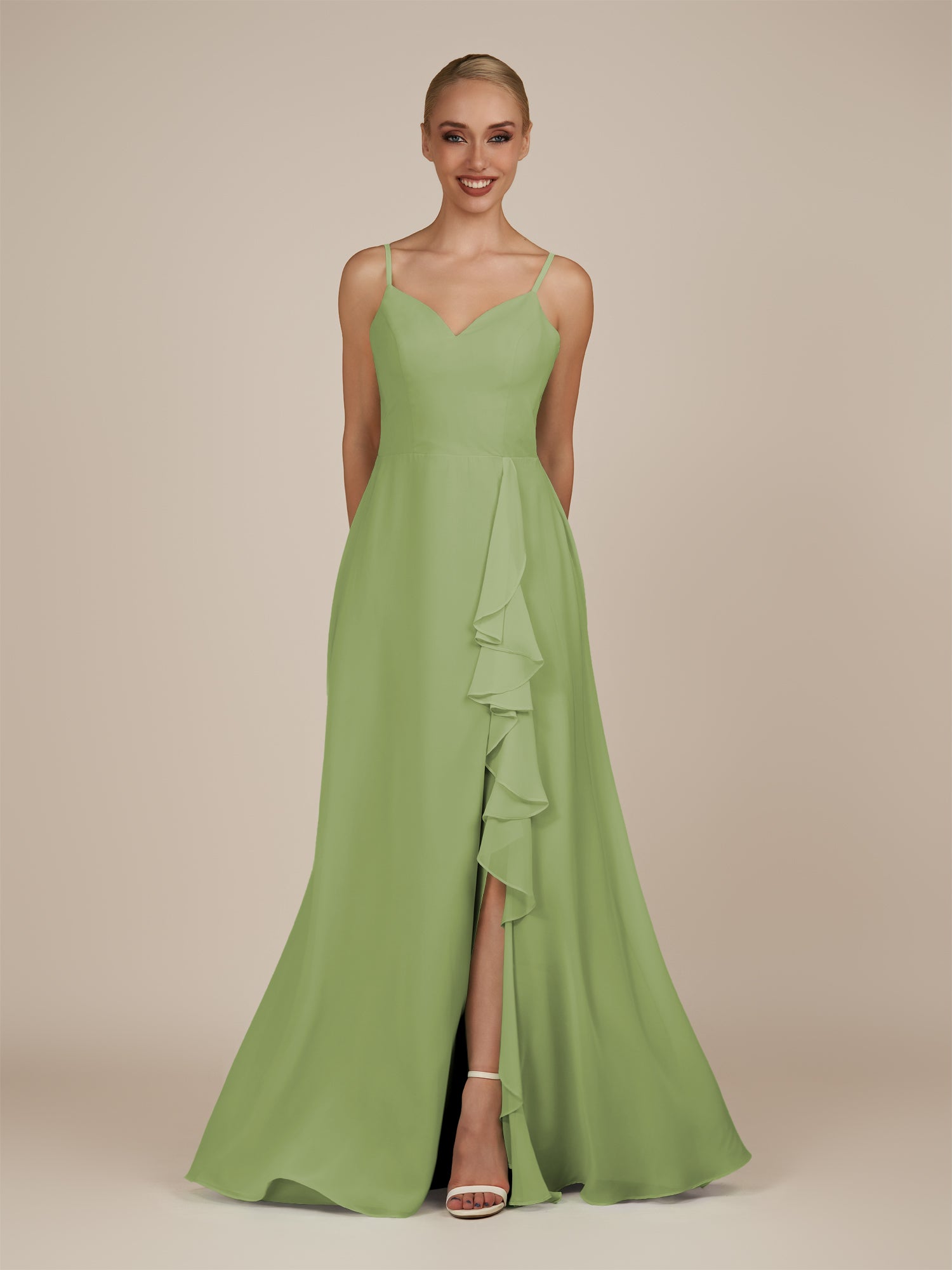 KissDress-Rhonda Matcha Sheath Chiffon V Neck Ruffled Long Bridesmaid Dress with Slit