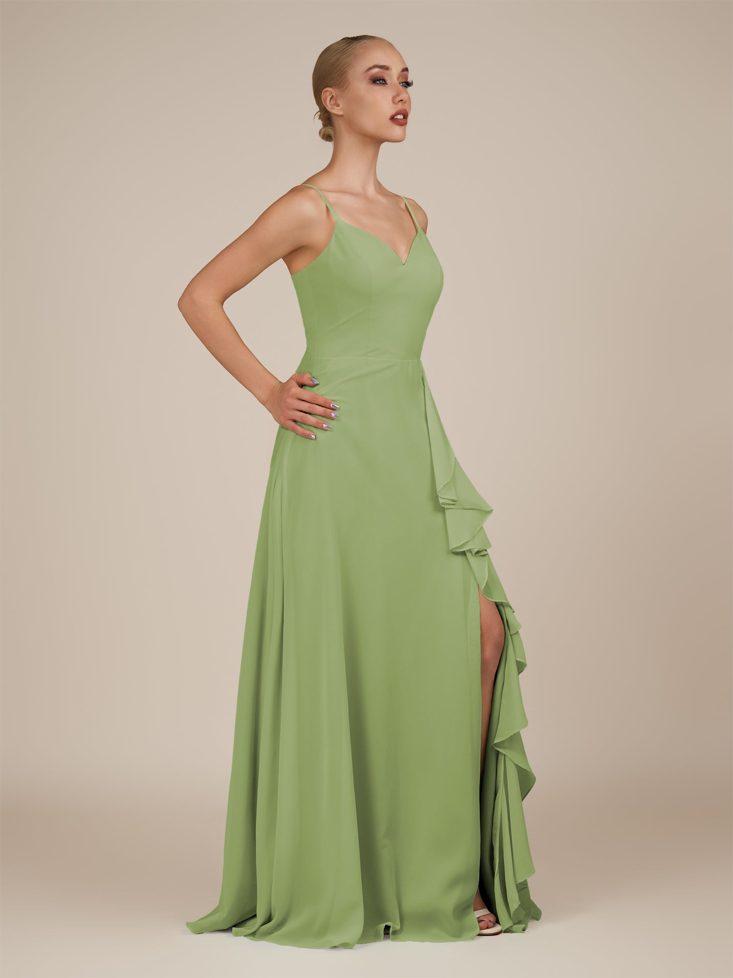 KissDress-Rhonda Matcha Sheath Chiffon V Neck Ruffled Long Bridesmaid Dress with Slit