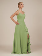 KissDress-Rhonda Matcha Sheath Chiffon V Neck Ruffled Long Bridesmaid Dress with Slit