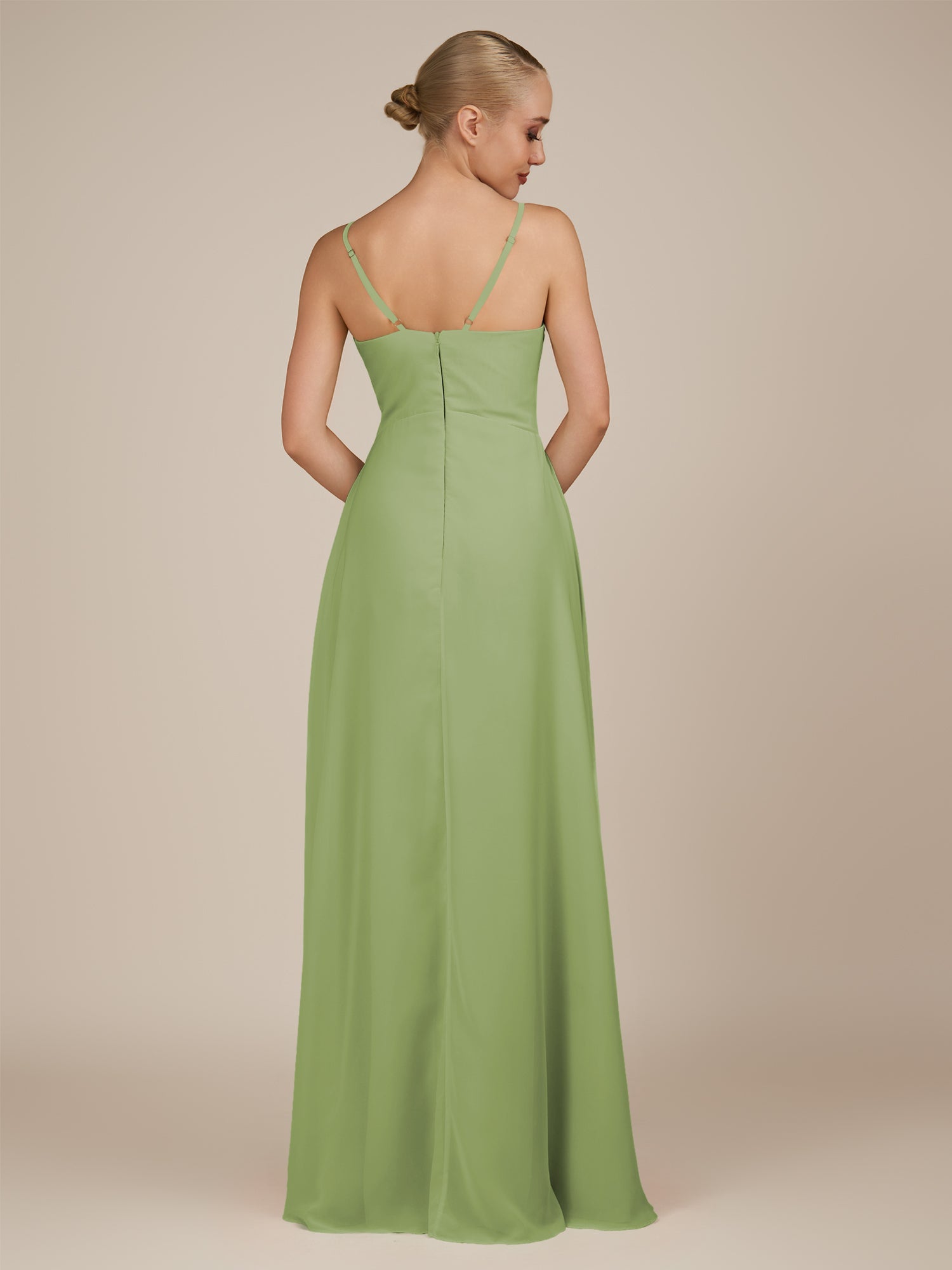 KissDress-Rhonda Matcha Sheath Chiffon V Neck Ruffled Long Bridesmaid Dress with Slit