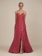 KissDress-Rhonda Merlot Sheath Chiffon V Neck Ruffled Long Bridesmaid Dress with Slit