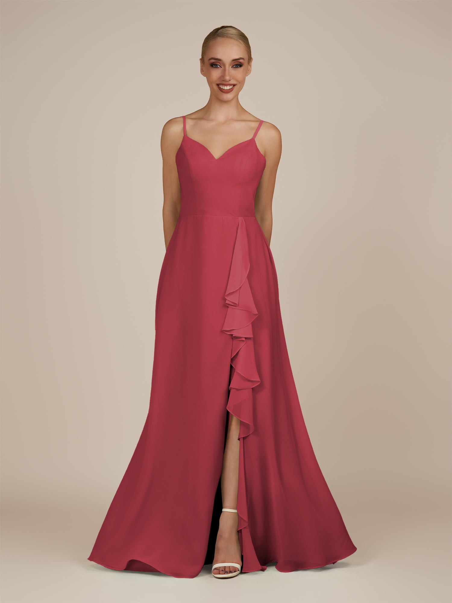 KissDress-Rhonda Merlot Sheath Chiffon V Neck Ruffled Long Bridesmaid Dress with Slit