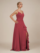 KissDress-Rhonda Merlot Sheath Chiffon V Neck Ruffled Long Bridesmaid Dress with Slit