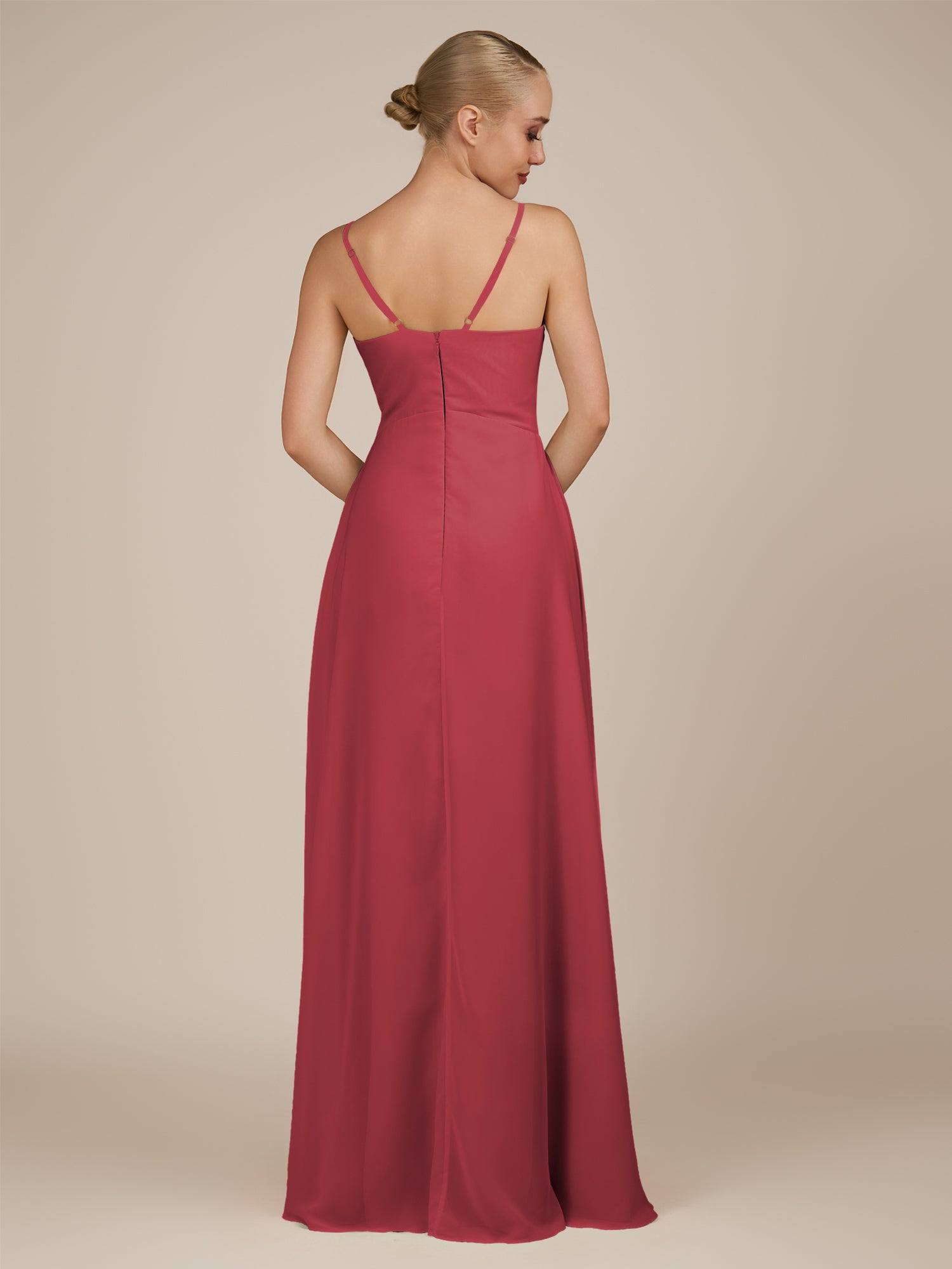 KissDress-Rhonda Merlot Sheath Chiffon V Neck Ruffled Long Bridesmaid Dress with Slit