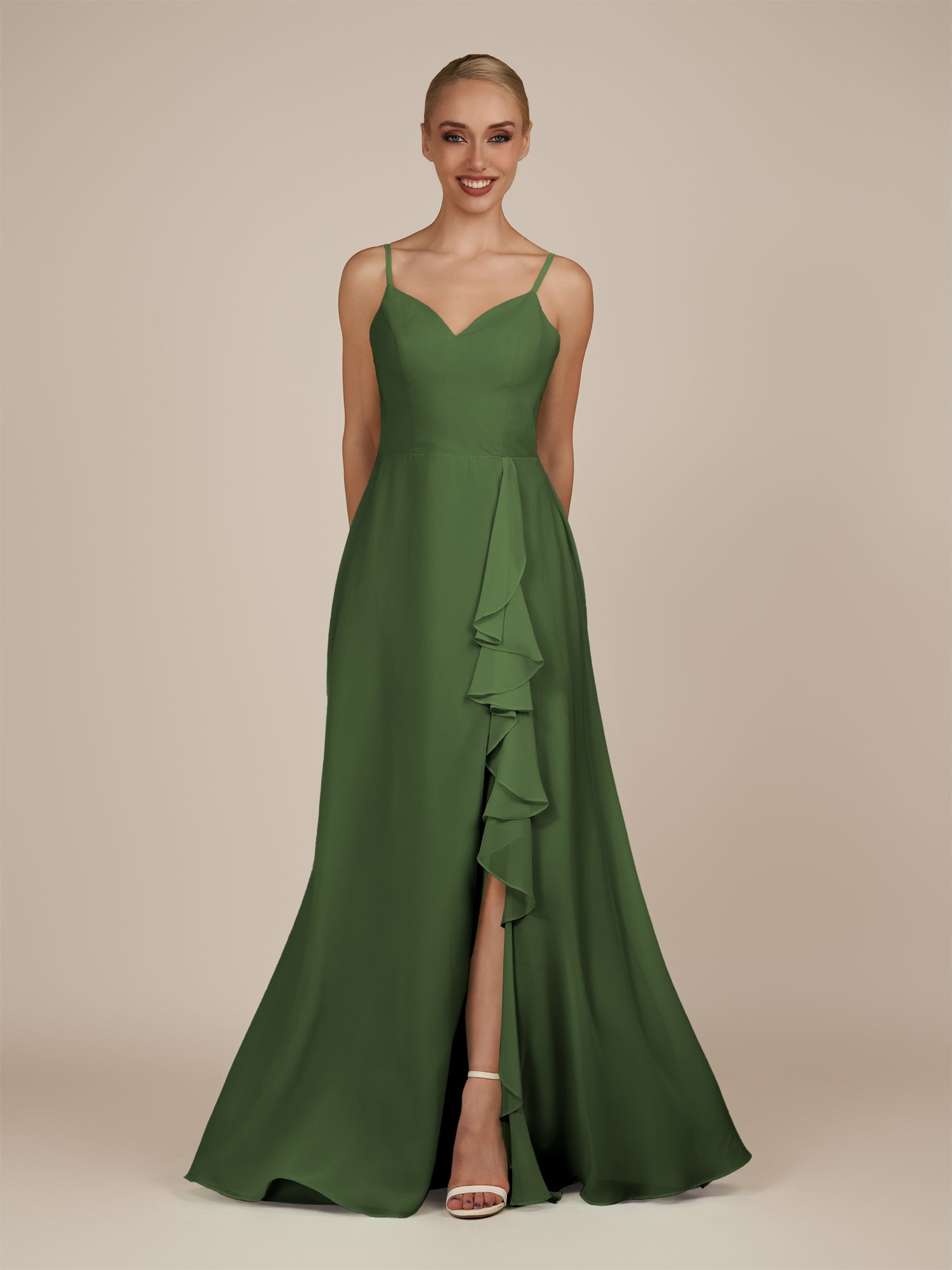 KissDress-Rhonda Moss Sheath Chiffon V Neck Ruffled Long Bridesmaid Dress with Slit