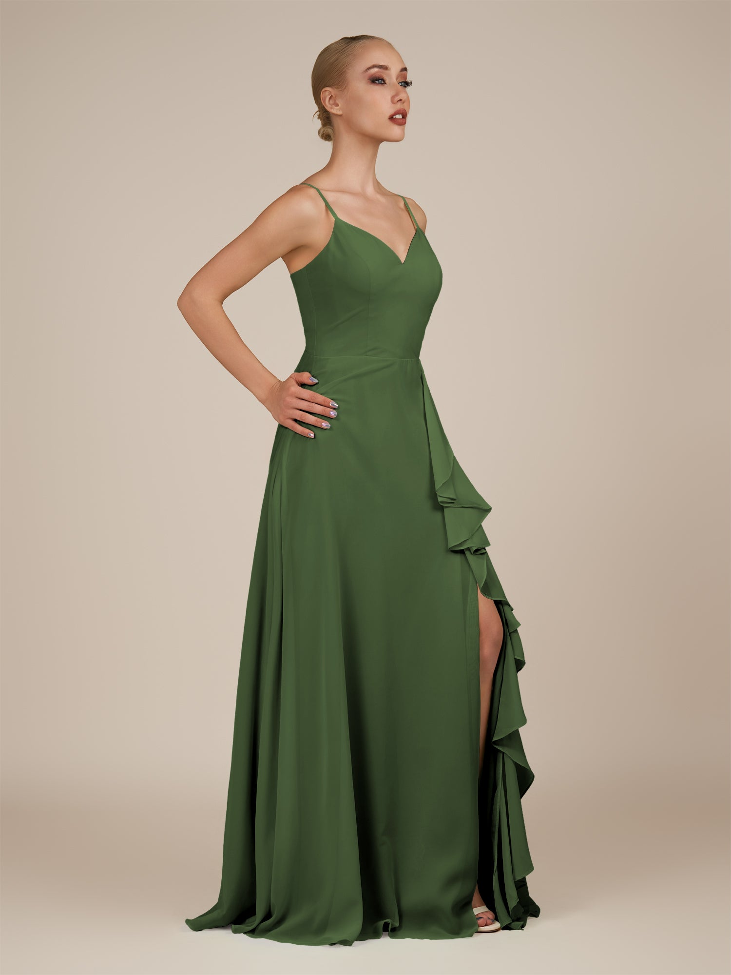 KissDress-Rhonda Moss Sheath Chiffon V Neck Ruffled Long Bridesmaid Dress with Slit