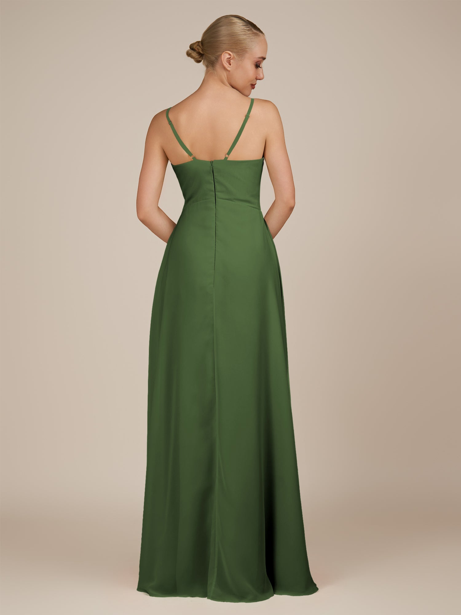 KissDress-Rhonda Moss Sheath Chiffon V Neck Ruffled Long Bridesmaid Dress with Slit