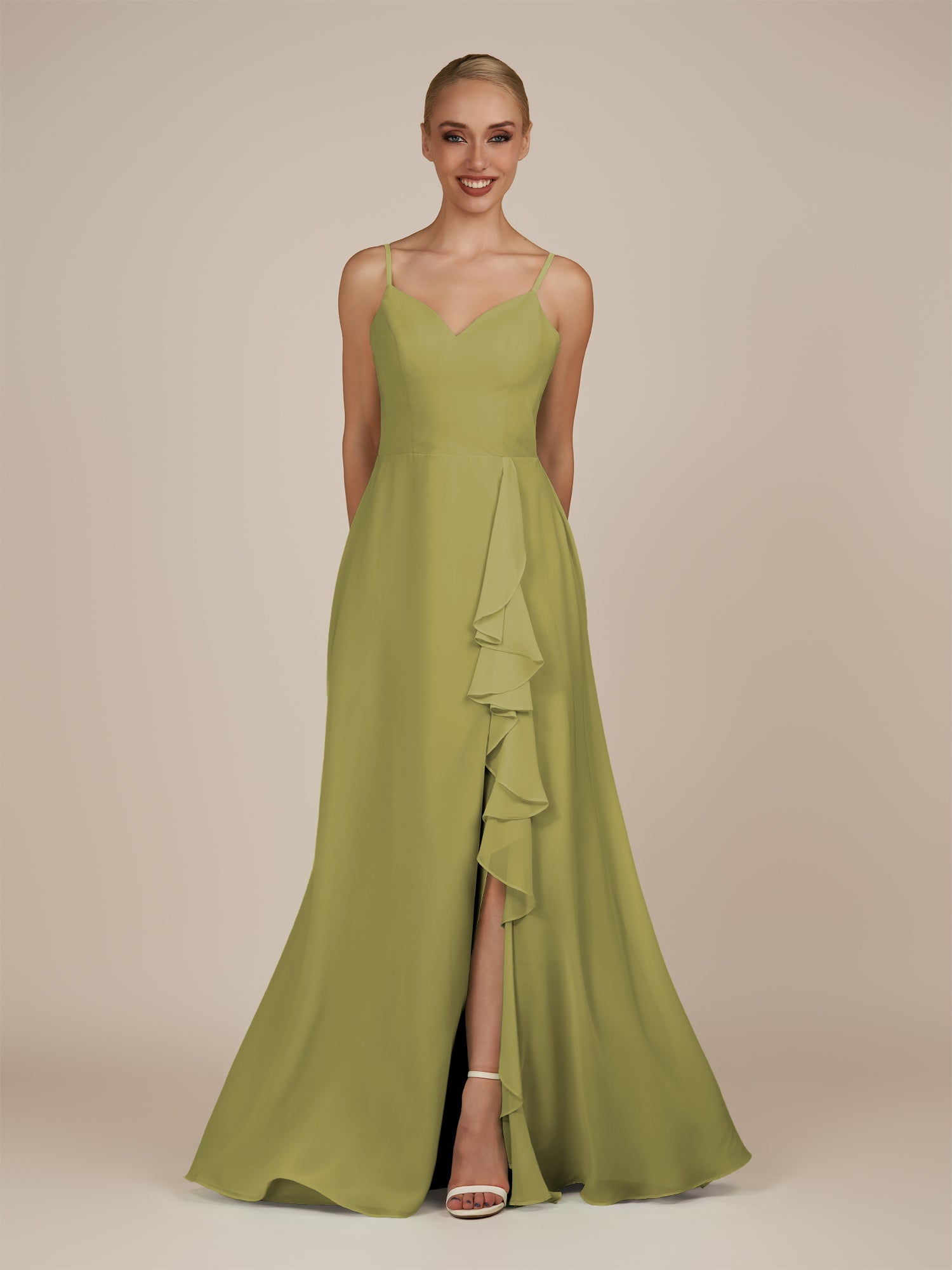 KissDress-Rhonda Moss Green Sheath Chiffon V Neck Ruffled Long Bridesmaid Dress with Slit