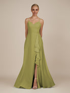 KissDress-Rhonda Moss Green Sheath Chiffon V Neck Ruffled Long Bridesmaid Dress with Slit
