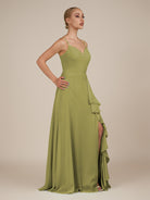 KissDress-Rhonda Moss Green Sheath Chiffon V Neck Ruffled Long Bridesmaid Dress with Slit