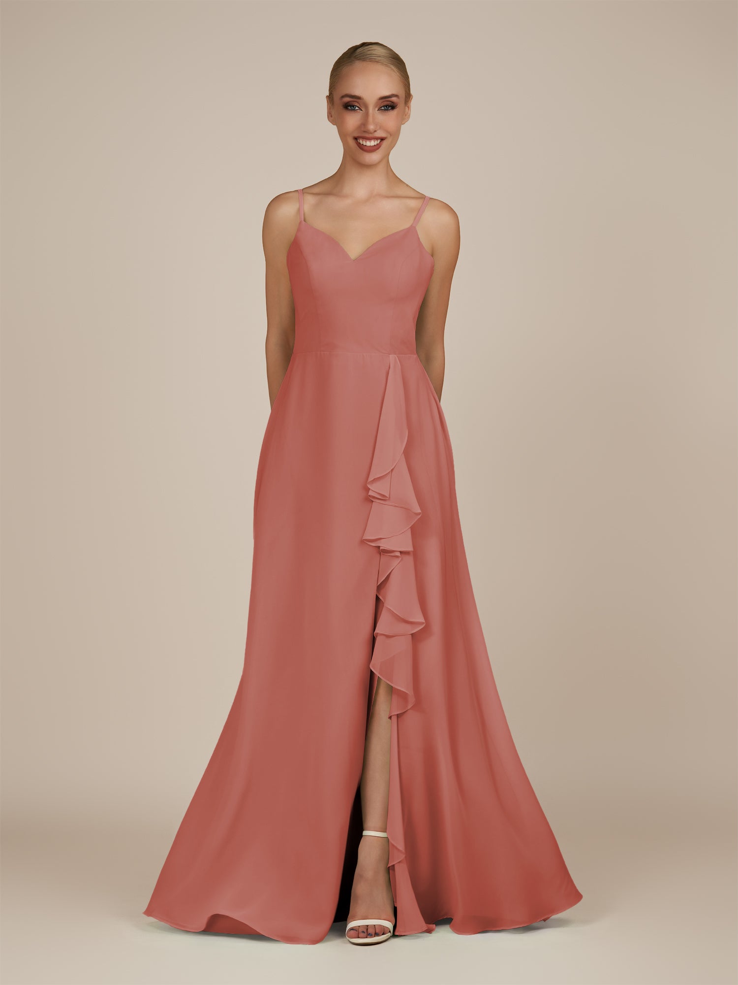 KissDress-Rhonda Mulberry Sheath Chiffon V Neck Ruffled Long Bridesmaid Dress with Slit