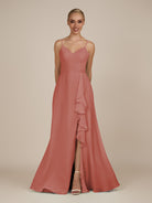 KissDress-Rhonda Mulberry Sheath Chiffon V Neck Ruffled Long Bridesmaid Dress with Slit