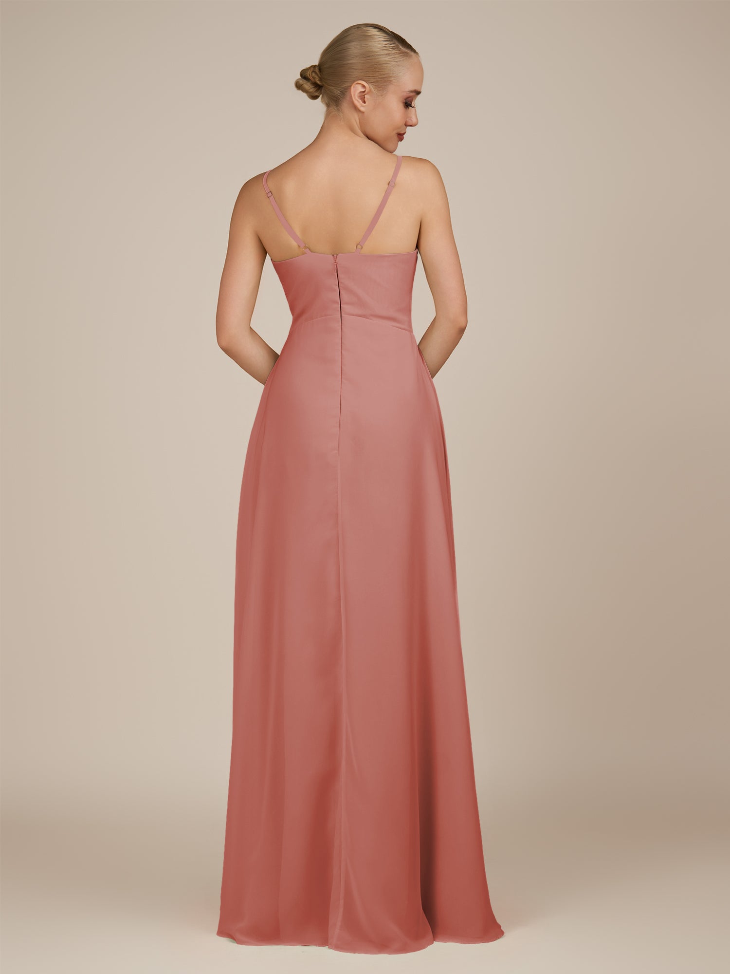 KissDress-Rhonda Mulberry Sheath Chiffon V Neck Ruffled Long Bridesmaid Dress with Slit