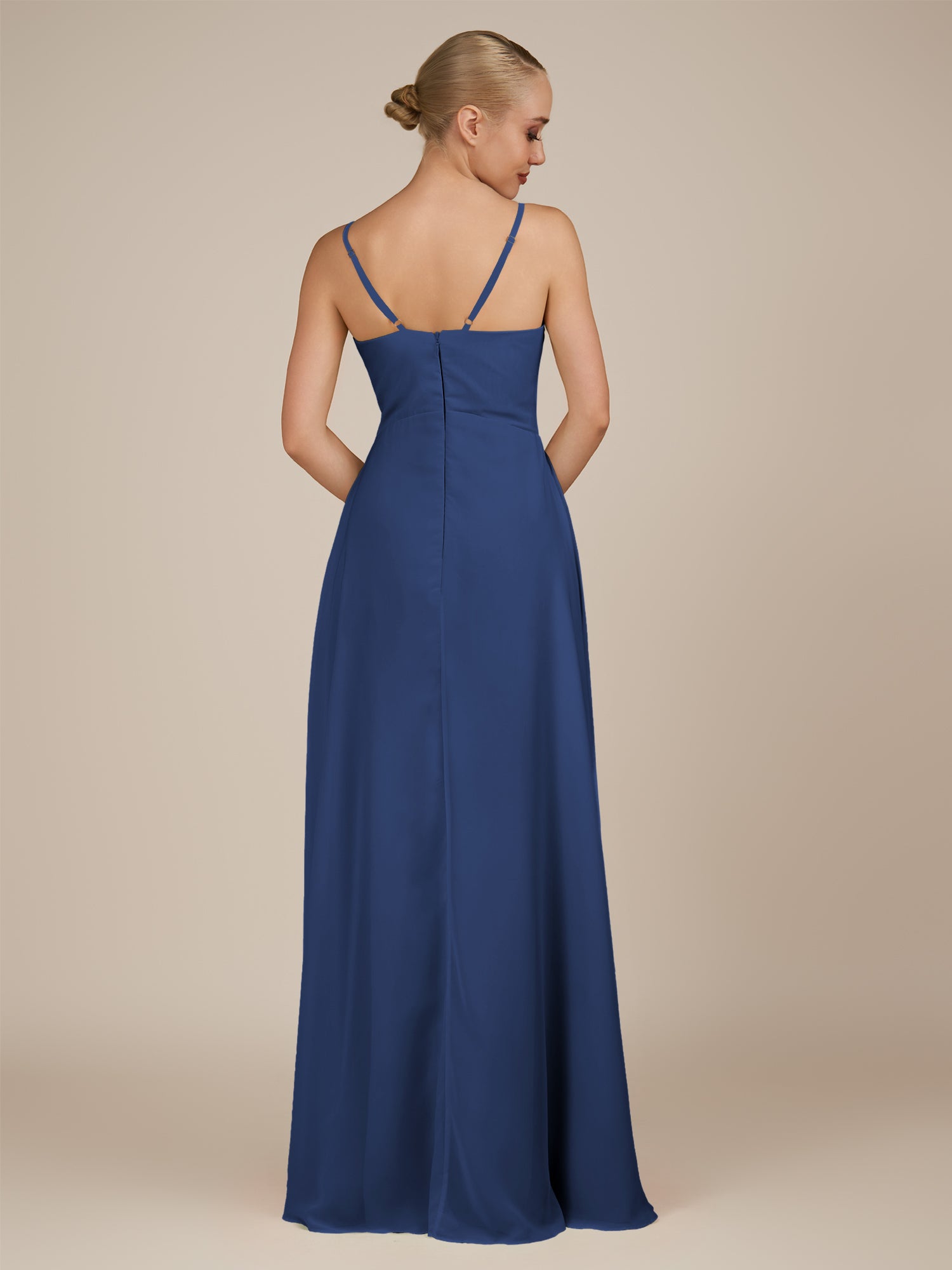KissDress-Rhonda Navy Sheath Chiffon V Neck Ruffled Long Bridesmaid Dress with Slit