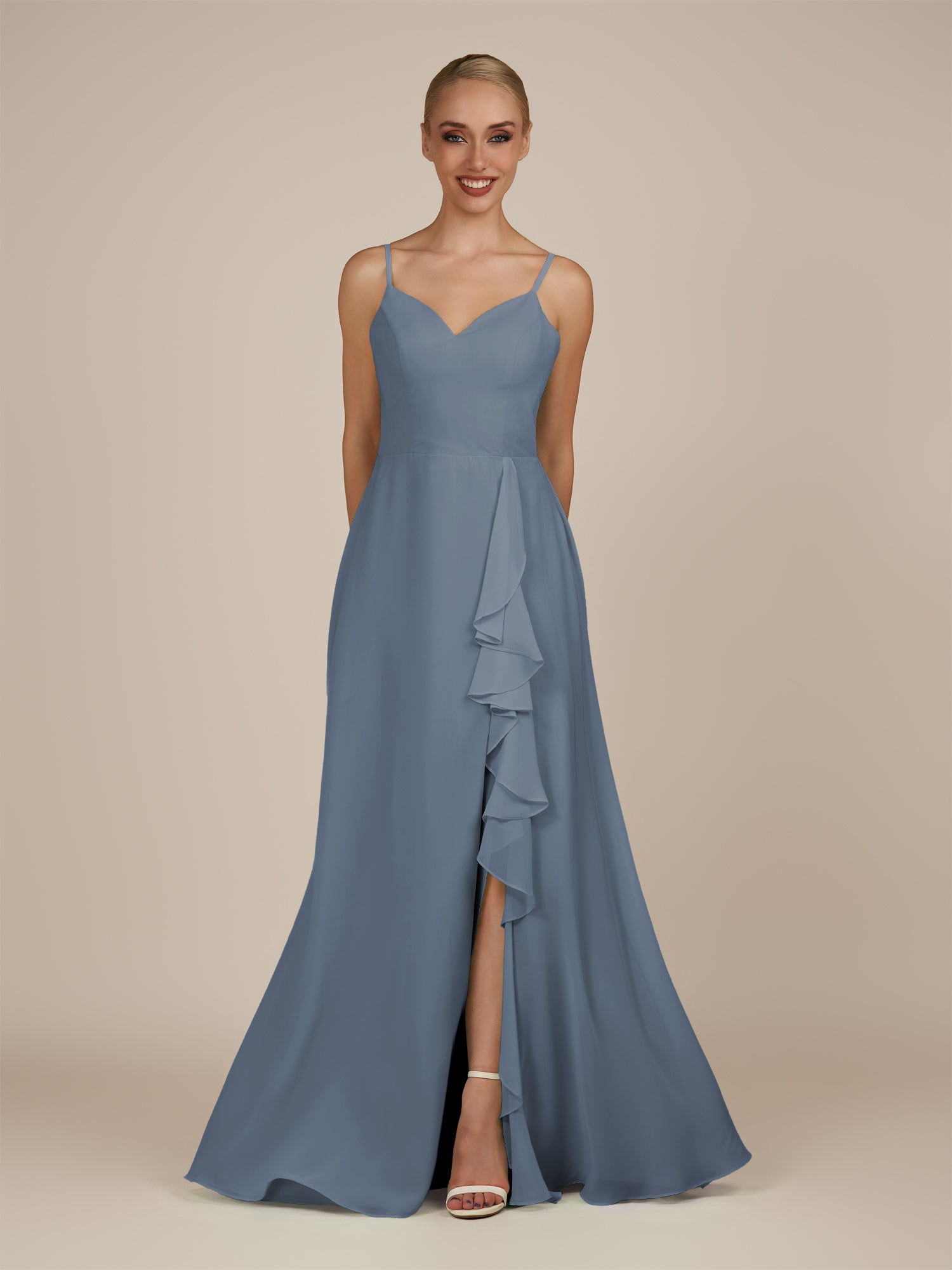 KissDress-Rhonda Neptune Sheath Chiffon V Neck Ruffled Long Bridesmaid Dress with Slit