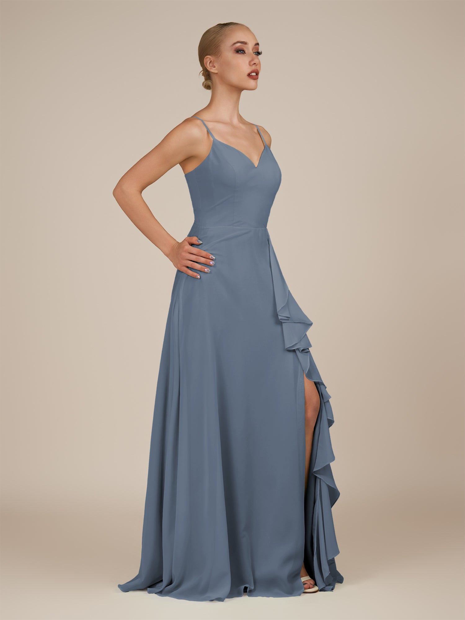 KissDress-Rhonda Neptune Sheath Chiffon V Neck Ruffled Long Bridesmaid Dress with Slit