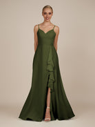 KissDress-Rhonda Olive Sheath Chiffon V Neck Ruffled Long Bridesmaid Dress with Slit