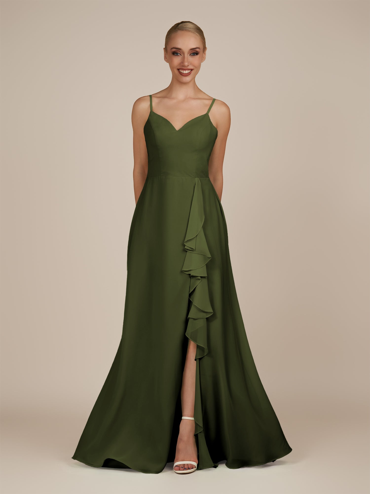 KissDress-Rhonda Olive Sheath Chiffon V Neck Ruffled Long Bridesmaid Dress with Slit