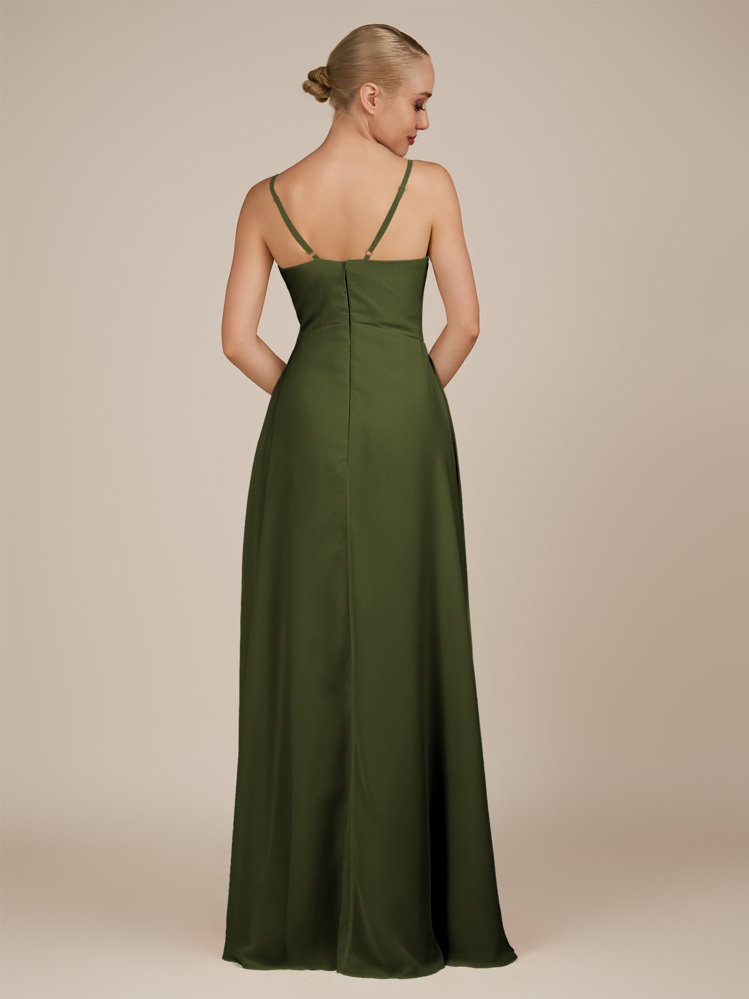KissDress-Rhonda Olive Sheath Chiffon V Neck Ruffled Long Bridesmaid Dress with Slit