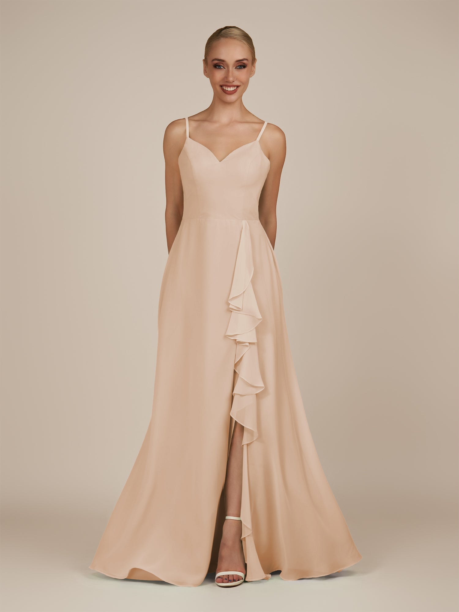 KissDress-Rhonda Pale Blush Sheath Chiffon V Neck Ruffled Long Bridesmaid Dress with Slit