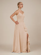 KissDress-Rhonda Pale Blush Sheath Chiffon V Neck Ruffled Long Bridesmaid Dress with Slit