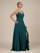 KissDress-Rhonda Pine Sheath Chiffon V Neck Ruffled Long Bridesmaid Dress with Slit