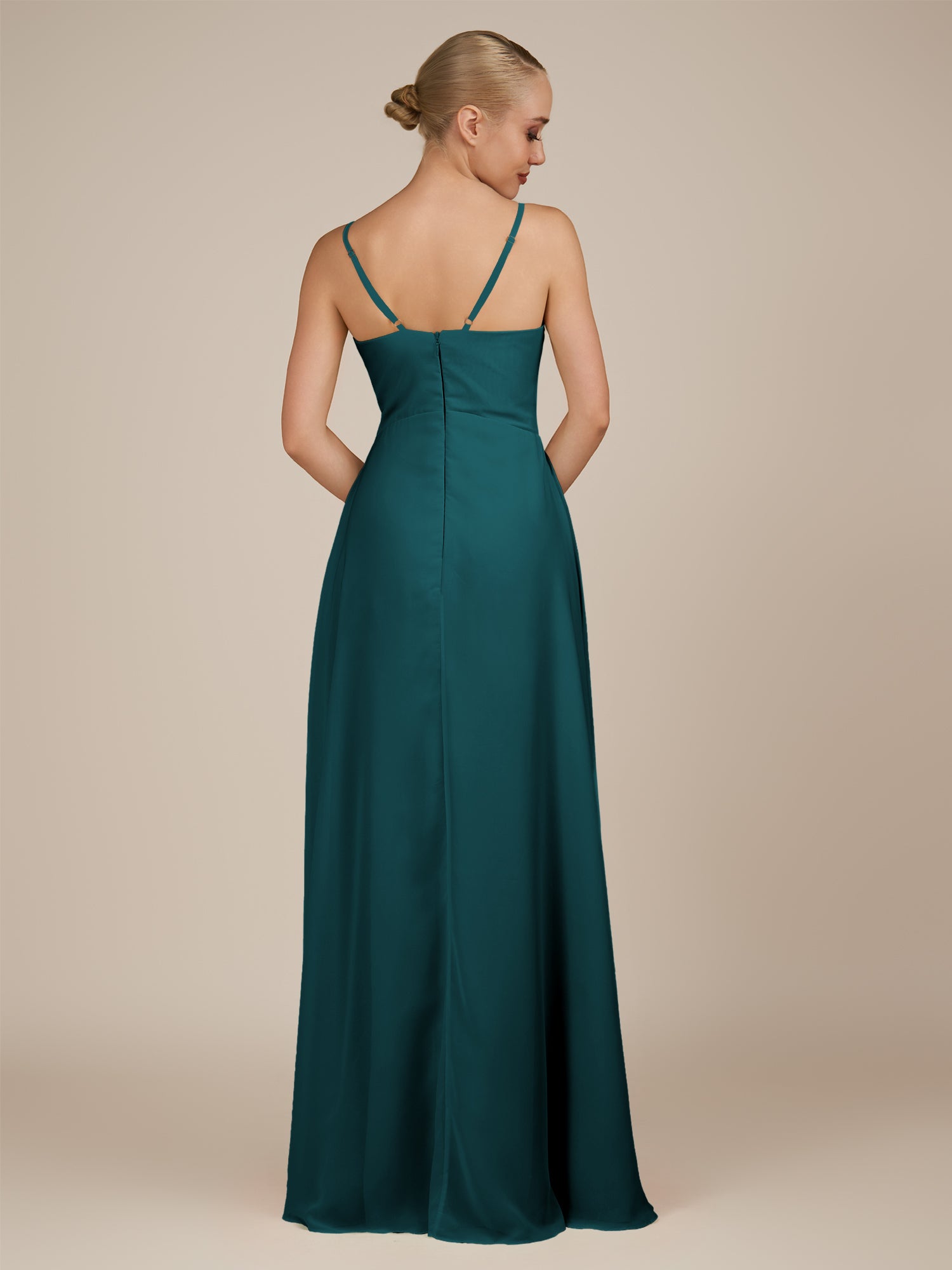KissDress-Rhonda Pine Sheath Chiffon V Neck Ruffled Long Bridesmaid Dress with Slit