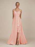 KissDress-Rhonda Rose Petal Sheath Chiffon V Neck Ruffled Long Bridesmaid Dress with Slit