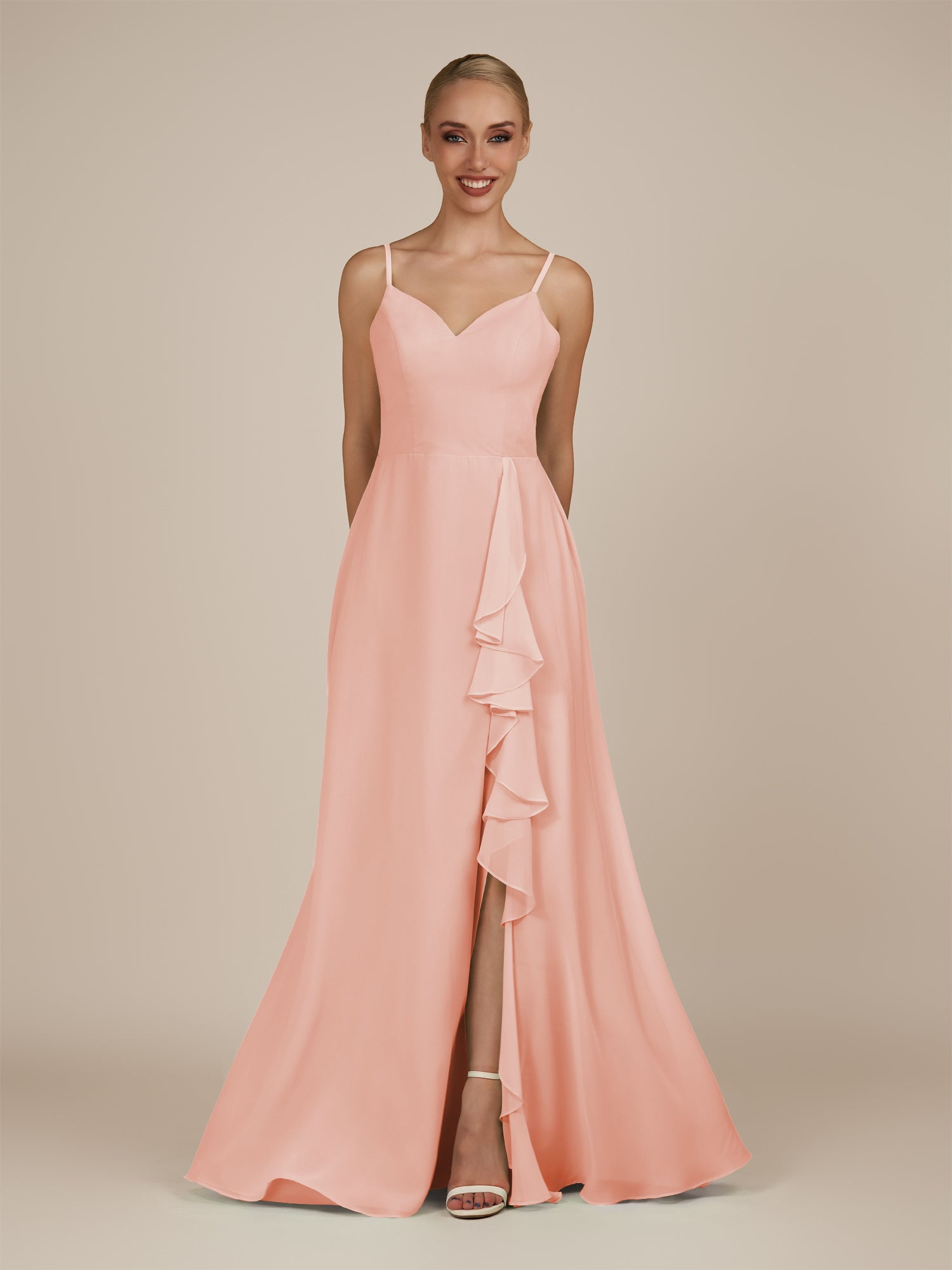 KissDress-Rhonda Rose Petal Sheath Chiffon V Neck Ruffled Long Bridesmaid Dress with Slit