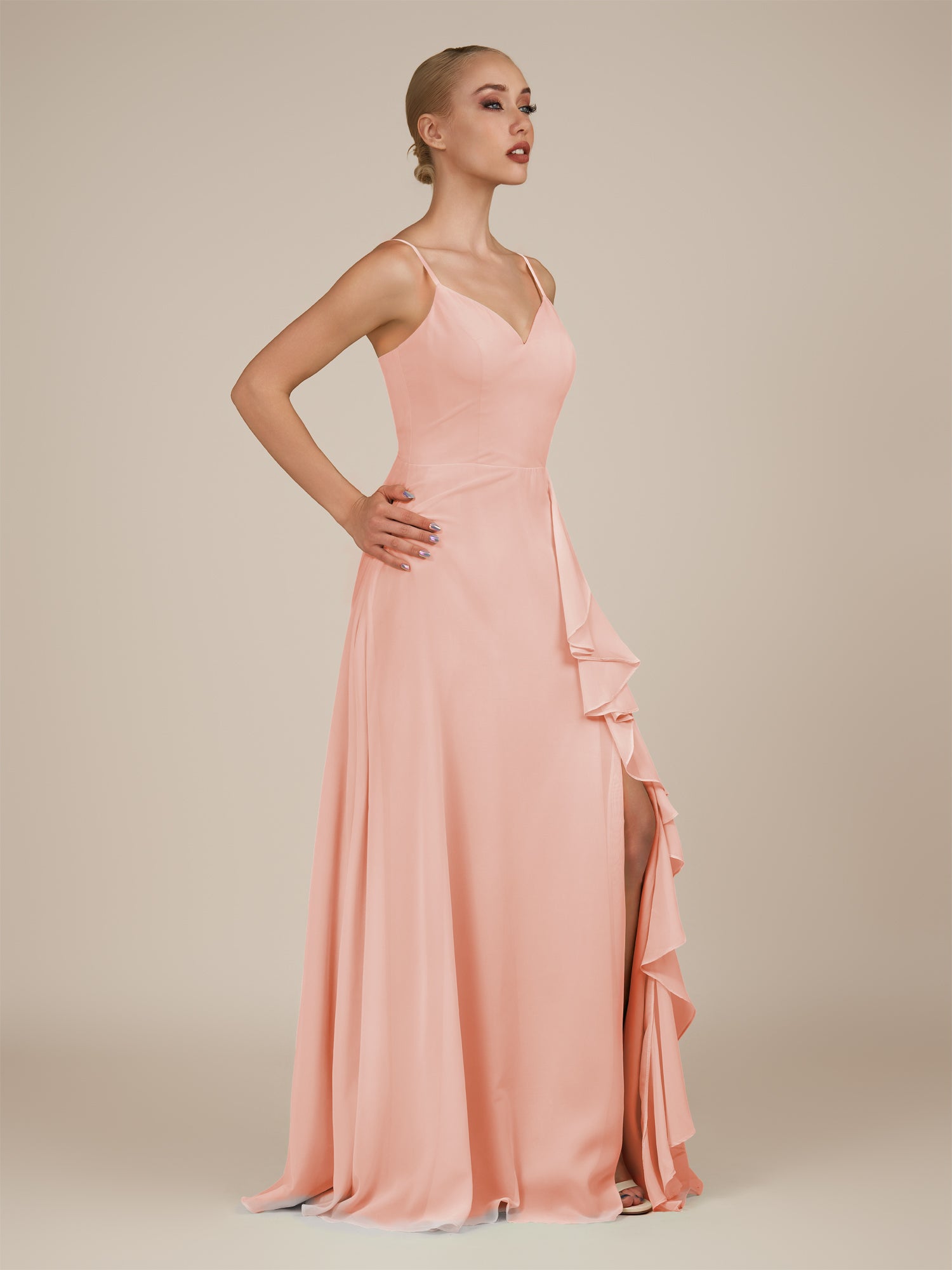 KissDress-Rhonda Rose Petal Sheath Chiffon V Neck Ruffled Long Bridesmaid Dress with Slit