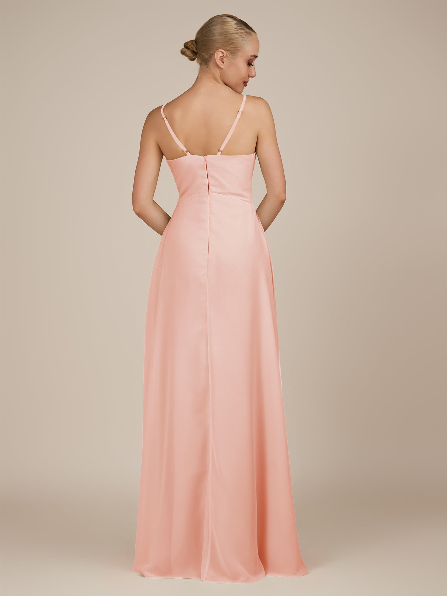 KissDress-Rhonda Rose Petal Sheath Chiffon V Neck Ruffled Long Bridesmaid Dress with Slit