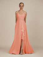 KissDress-Rhonda Rosette Sheath Chiffon V Neck Ruffled Long Bridesmaid Dress with Slit