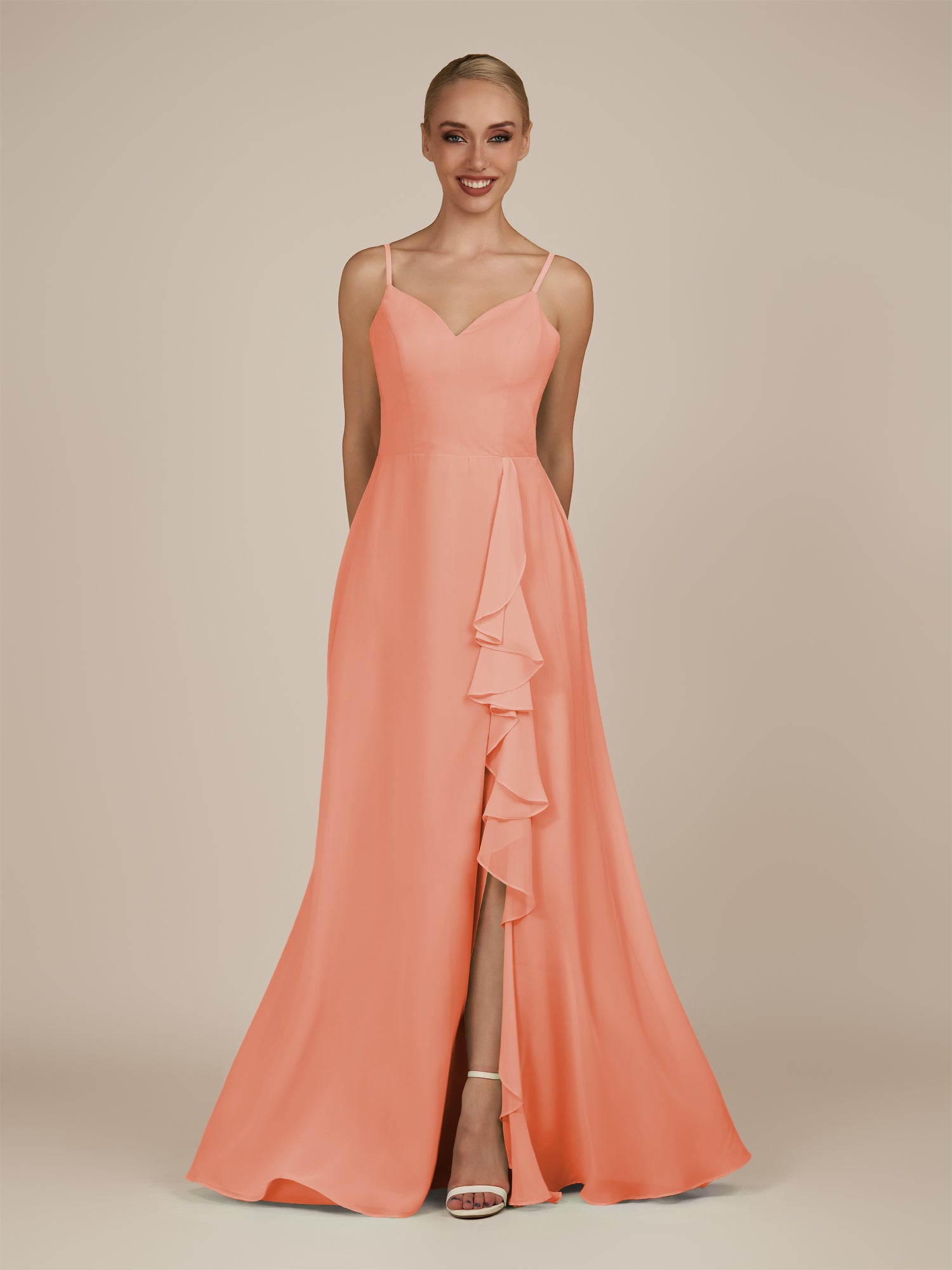 KissDress-Rhonda Rosette Sheath Chiffon V Neck Ruffled Long Bridesmaid Dress with Slit