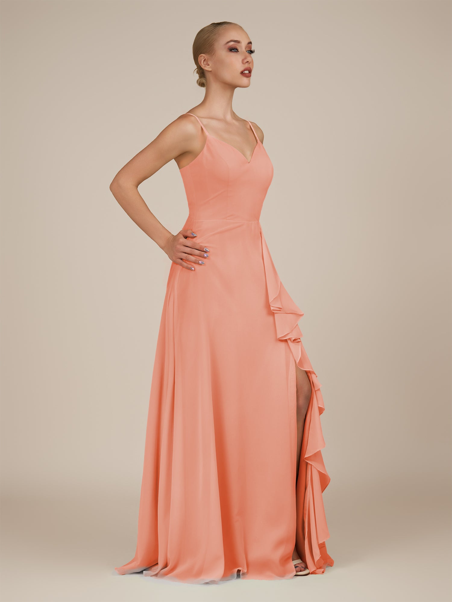 KissDress-Rhonda Rosette Sheath Chiffon V Neck Ruffled Long Bridesmaid Dress with Slit