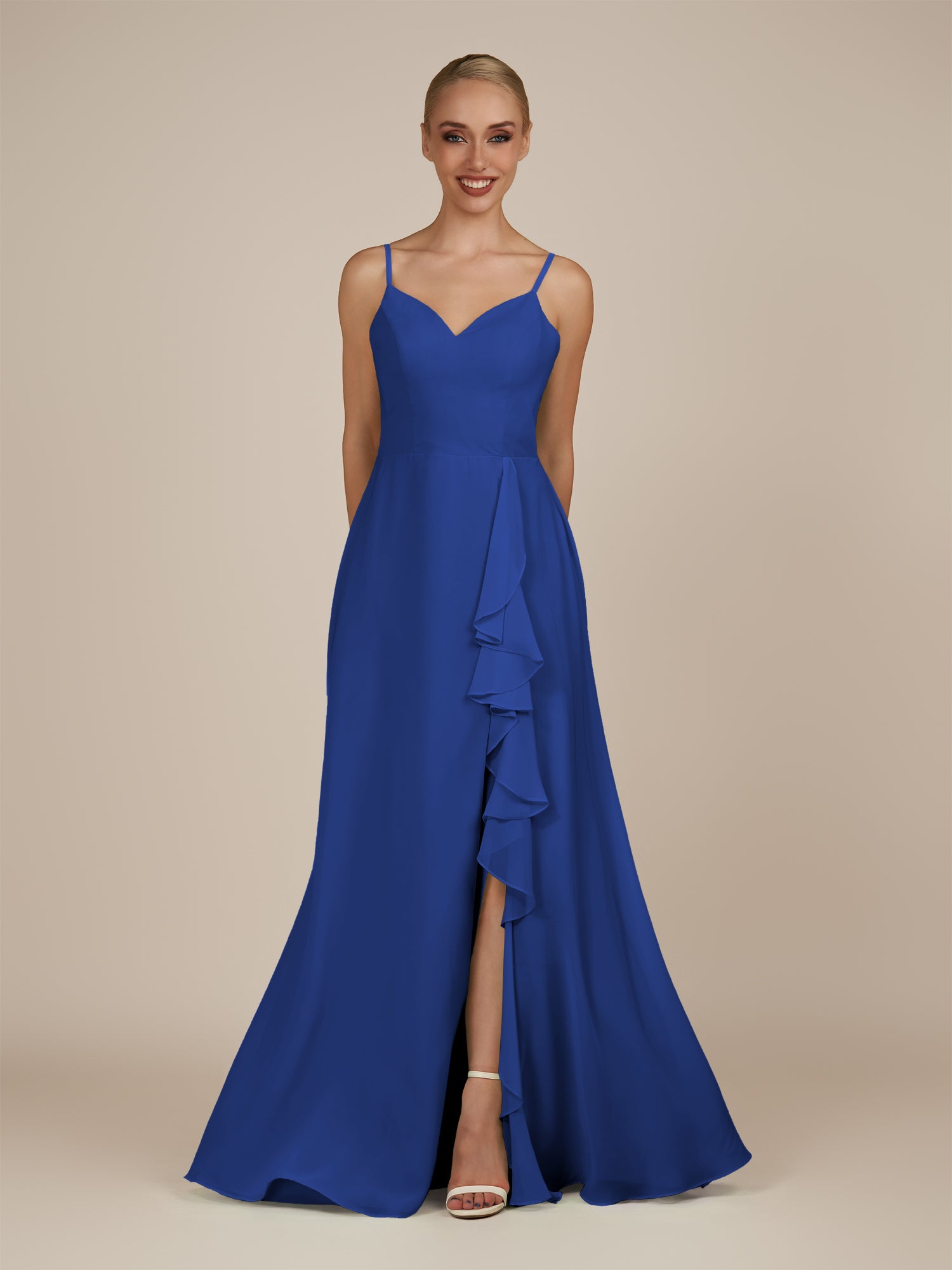 KissDress-Rhonda Royal Blue Sheath Chiffon V Neck Ruffled Long Bridesmaid Dress with Slit