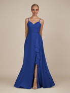 KissDress-Rhonda Royal Blue Sheath Chiffon V Neck Ruffled Long Bridesmaid Dress with Slit