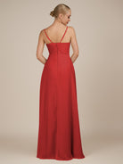 KissDress-Rhonda Ruby Red Sheath Chiffon V Neck Ruffled Long Bridesmaid Dress with Slit
