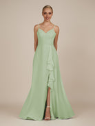 KissDress-Rhonda Sage Sheath Chiffon V Neck Ruffled Long Bridesmaid Dress with Slit