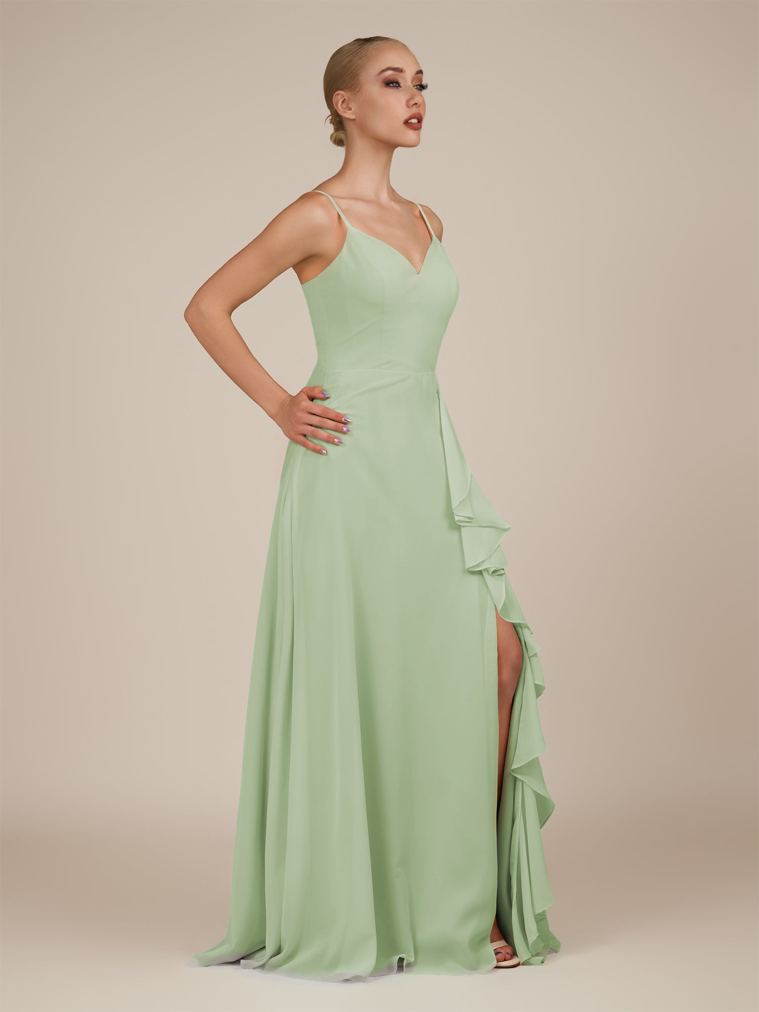 KissDress-Rhonda Sage Sheath Chiffon V Neck Ruffled Long Bridesmaid Dress with Slit