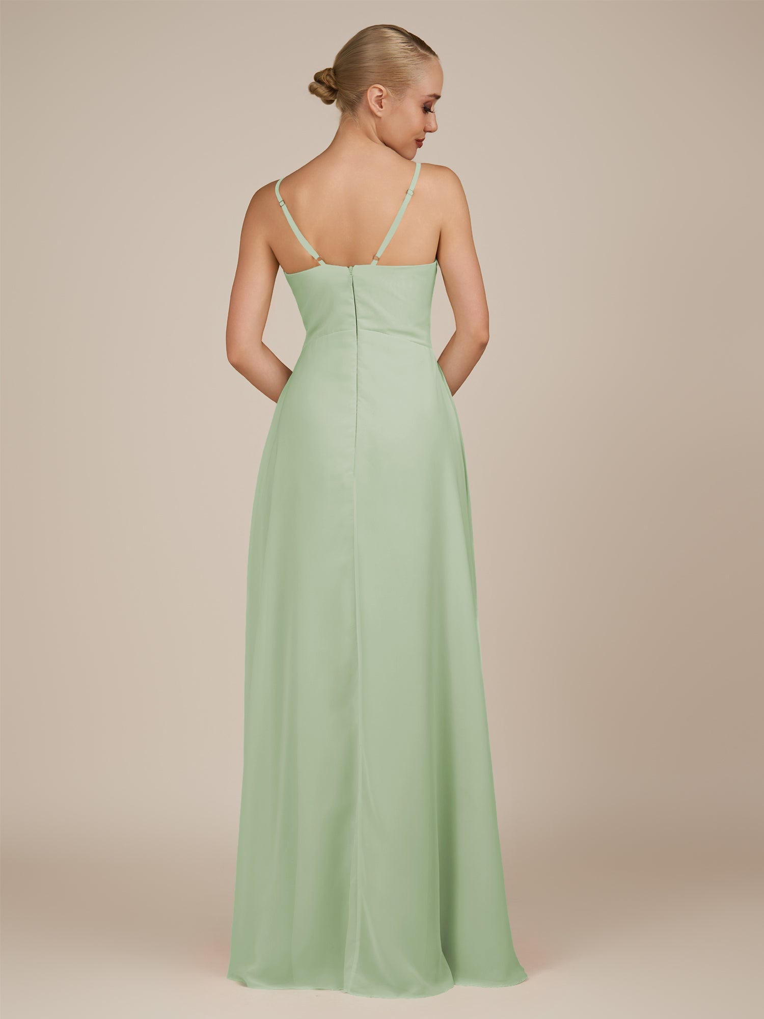KissDress-Rhonda Sage Sheath Chiffon V Neck Ruffled Long Bridesmaid Dress with Slit